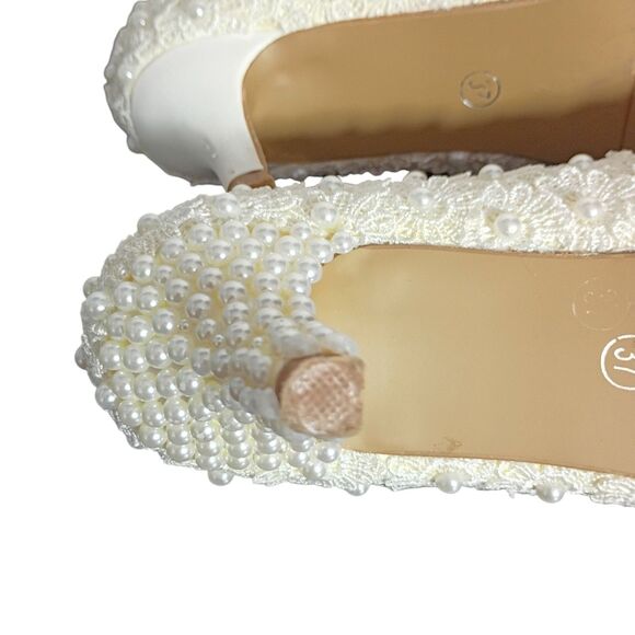 Crystal Queen Lace Daisy‎ & Pearl White Womens Heel Bridal Shoes Elegant 6.5 - Picture 13 of 14